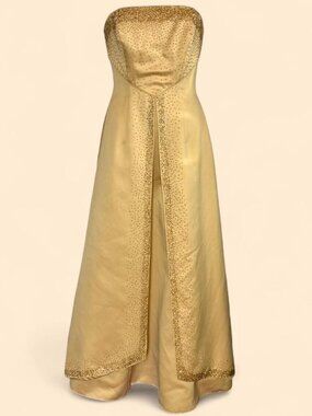 Vintage Morgan and Co by Linda Bernell gold shimmer strapless prom dress / gown